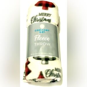 Merry Christmas Script Red Black White Check Tree Cream Fleece Throw Blanket NWT